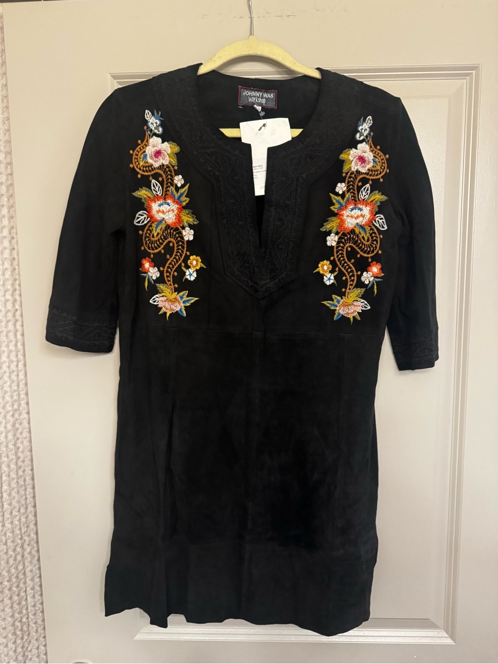 Johnny Was Black Suede Dress with Embroidered Accents NWT
